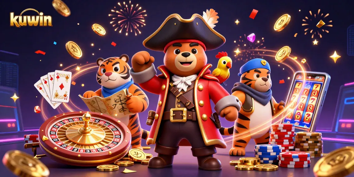 Kuwin brings the thrill of online gaming to life with a vibrant 3D illustration featuring our pirate captain bear and friends, surrounded by casino riches.
