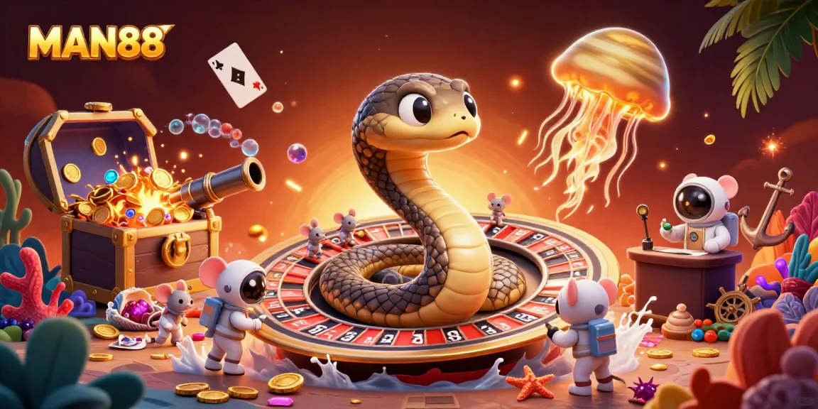 Engage with MAN88's cosmic casino adventure featuring unique betting elements in a vibrant 3D scene.