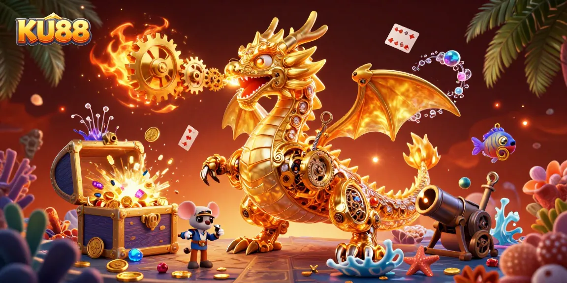 Play slots with KU88 featuring a golden dragon breathing gears, surrounded by treasure and games.