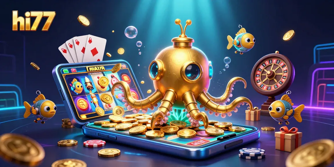 Experience the excitement of hi77 with a golden kraken submarine amidst gaming elements and treasures.