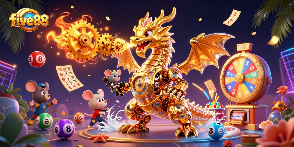 Engage in the five88 gaming experience with a dynamic illustration showcasing thrilling casino elements.