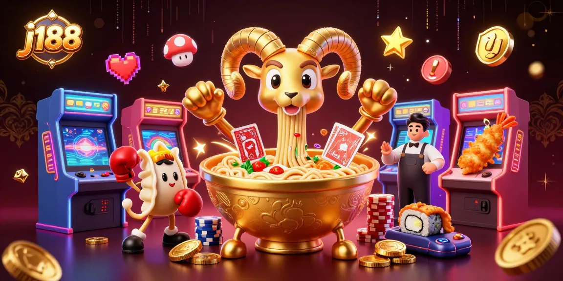 Experience the vibrant j188 casino world with a dynamic ramen bowl character and gaming elements.