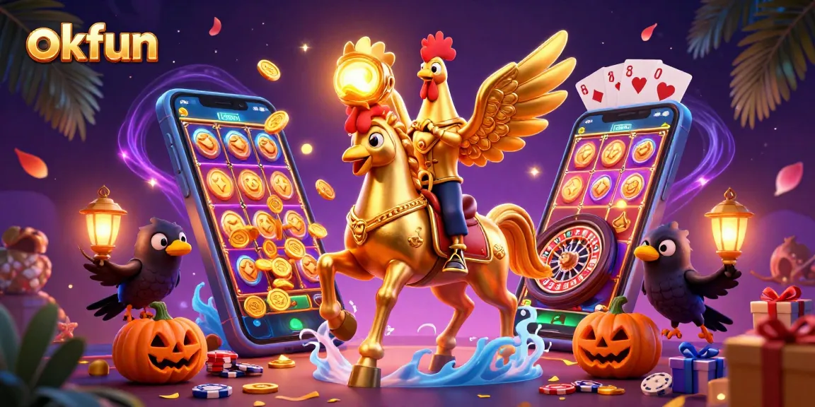 Engage with the thrilling world of okfun casino featuring a golden rooster, surreal gaming elements, and prize excitement.