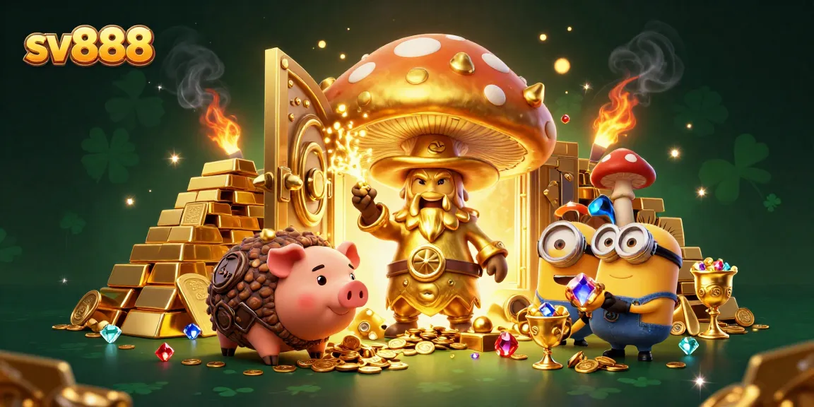 Experience excitement at sv888 as a golden wizard channels magic with treasures and gems in a 3D vibrant scene.