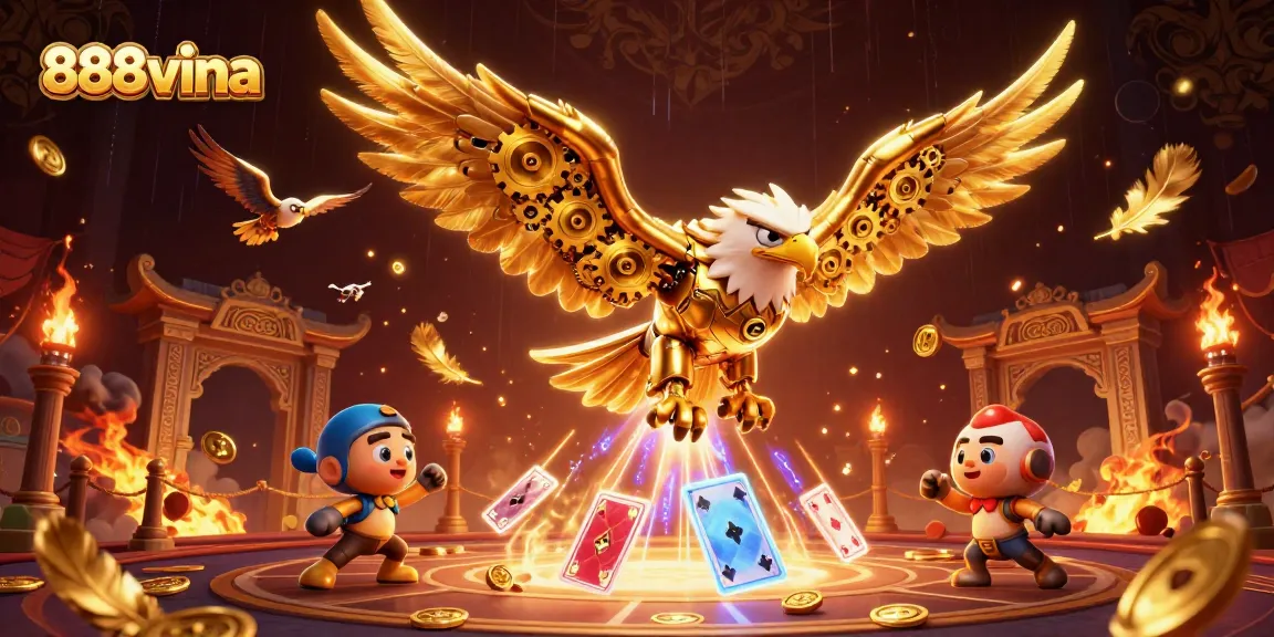 Experience thrilling online gaming at 888vina with a vibrant illustration of a cybernetic eagle and casino elements.