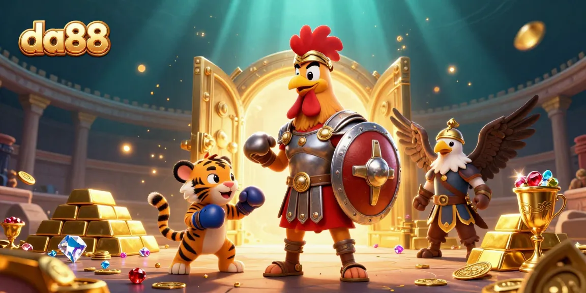 Experience the thrill of da88 with an exciting 3D illustration of a gladiator rooster and tiger cub in a vibrant casino scene.