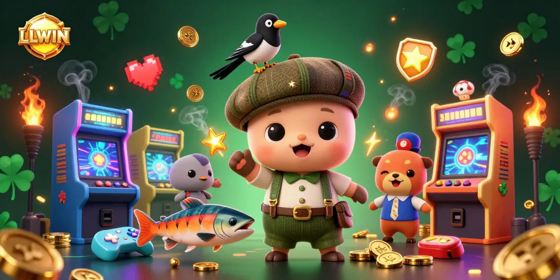 Experience thrills with LLWIN in this vibrant 3D casino scene featuring playful characters and dynamic game elements.
