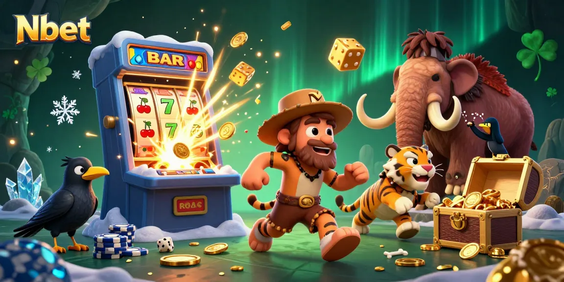 Nbet casino scene with caveman, sabertooth tiger, and crow enjoying vibrant gaming action.