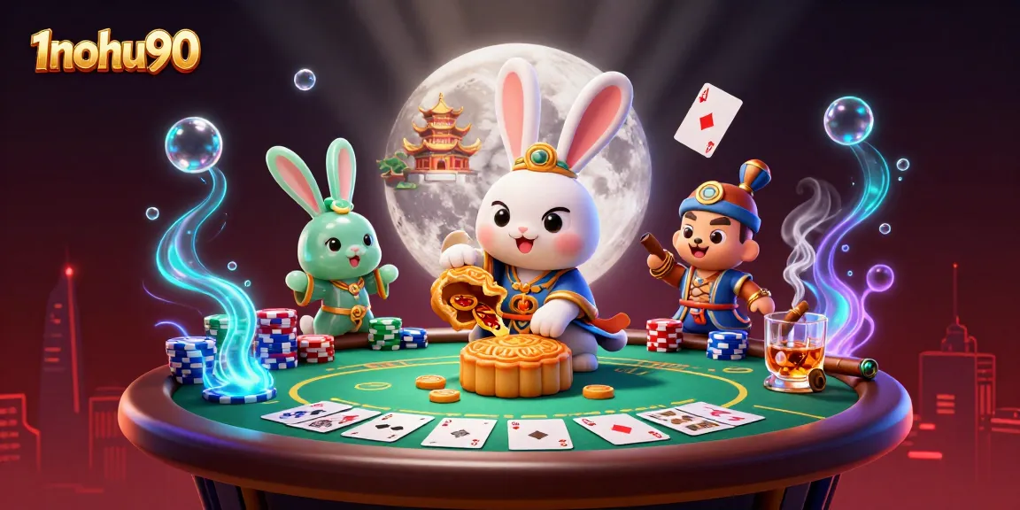 Experience the thrill of 1nohu90 with a moon rabbit revealing poker chips in a vibrant casino setting.
