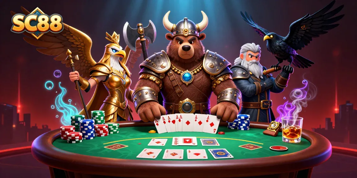 SC88 features a Viking bear and Valkyrie eagle battling around a poker table, showcasing vibrant casino elements.