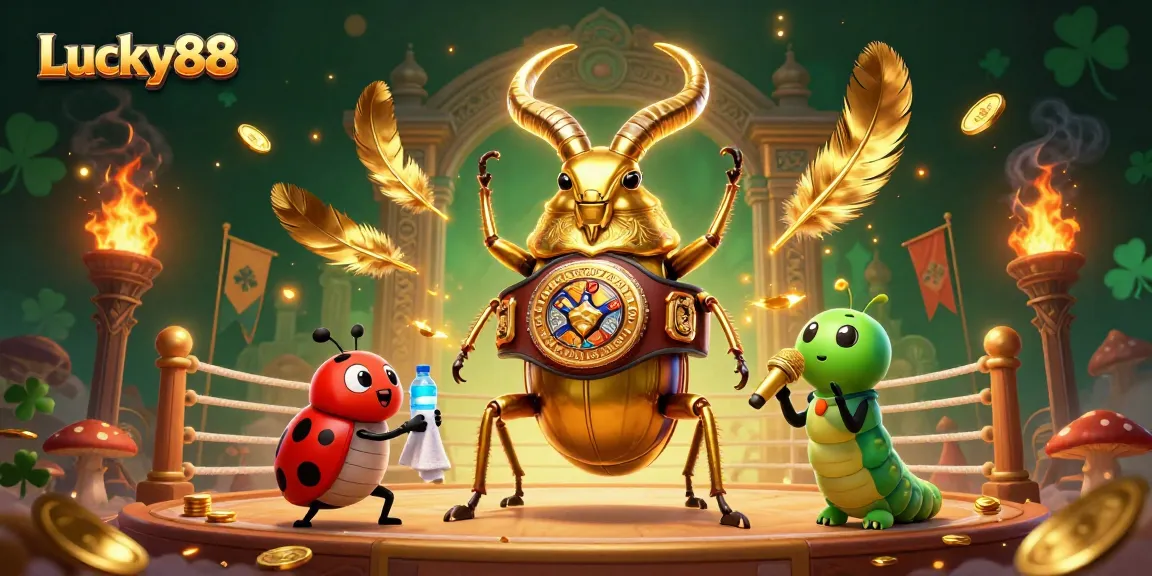 Engage with the vibrant Lucky88 championship scene featuring a golden stag beetle & ladybug in a dramatic arena.