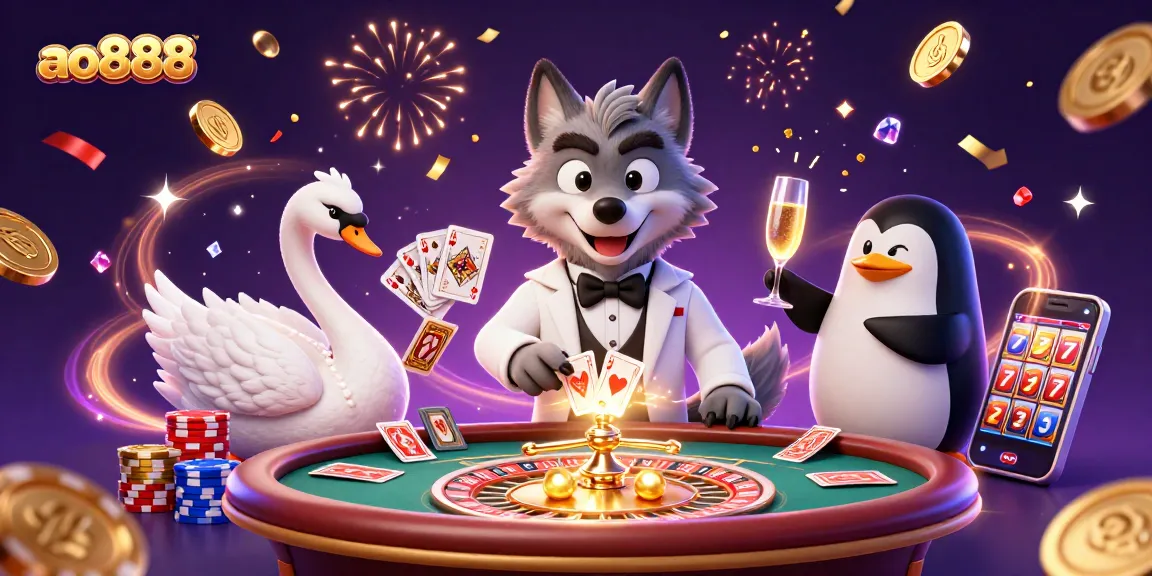 Experience thrilling baccarat at ao888 with a charming wolf, swan dealer, and stylish penguin sommelier.