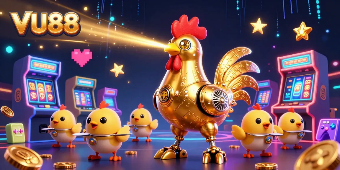 Experience the thrilling world of VU88 with a futuristic golden rooster robot and arcade elements that captivate