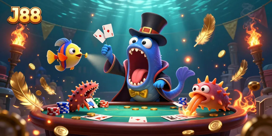 Experience thrilling gameplay with J88: magical eel performing card tricks in a vibrant underwater casino.