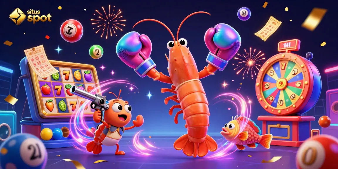 Gambarlah situs slot dengan karakter udang mantis bertinju, sambil bersenang-senang dengan bola lotere di sekitarnya.
