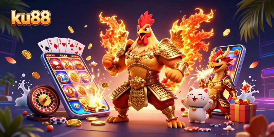 Visualize ku88 with a dynamic 3D duel featuring a rooster warrior, dragon hatchling, and casino games.