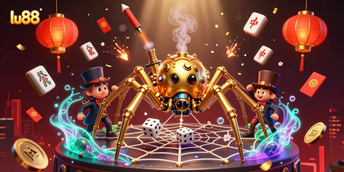 Experience the thrilling atmosphere of lu88 with a vibrant 3D illustration showcasing a steampunk spider and charming fly.