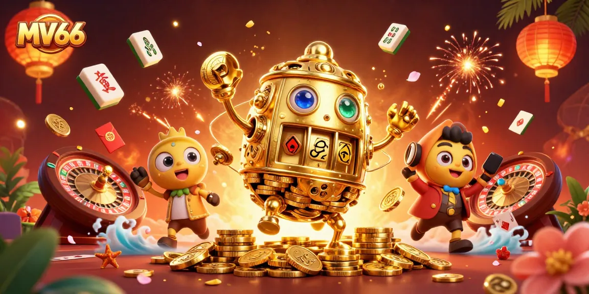 Engage with MV66, featuring vibrant casino action with a golden golem and dynamic game elements.
