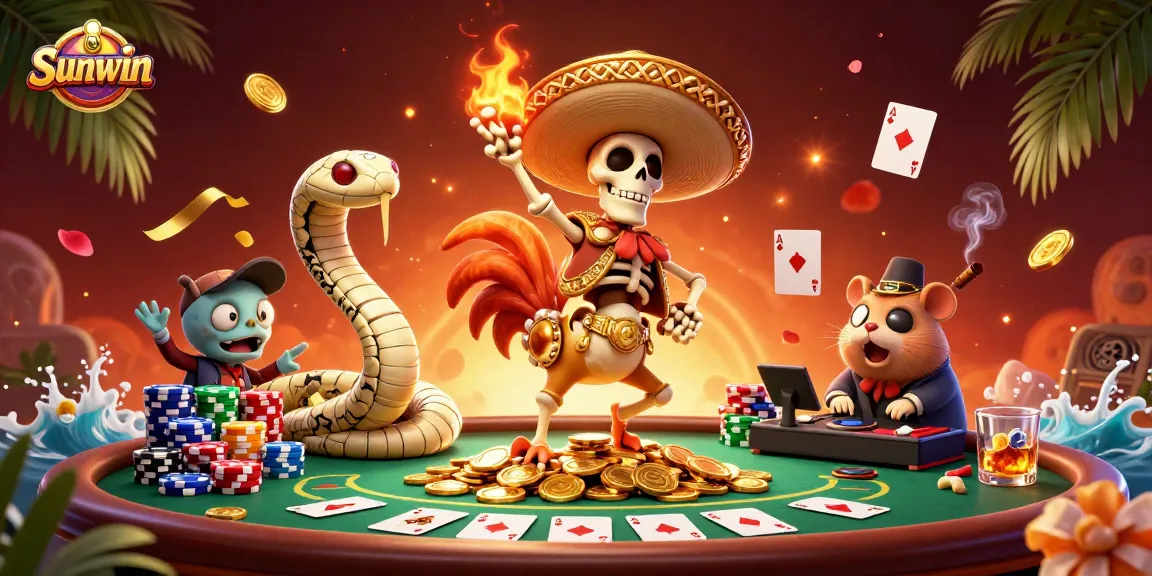 Experience the excitement of Sunwin with a lively casino scene featuring a dancing rooster and animated characters.