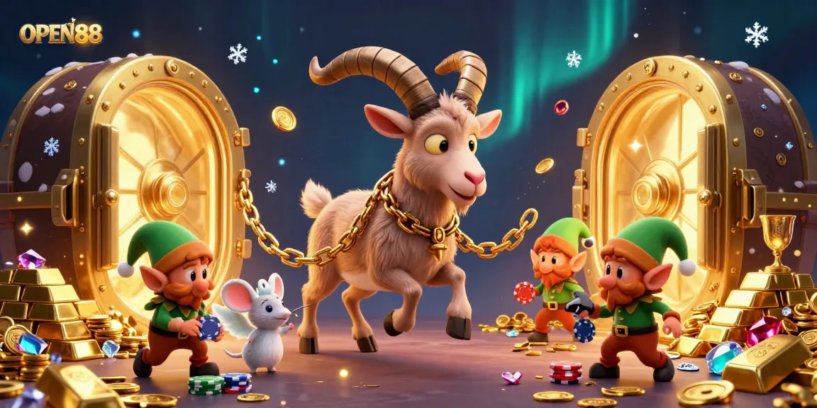 Experience thrilling moments at OPEN88 casino with festive characters in a vibrant 3D illustration.