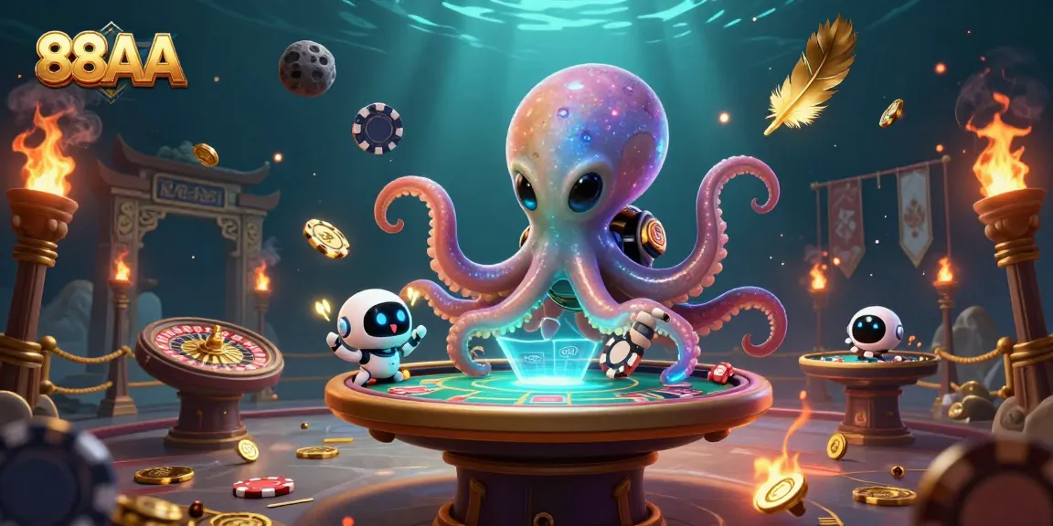 Engage in thrilling gaming at 88AA with an alien octopus and robot at a holographic poker table.
