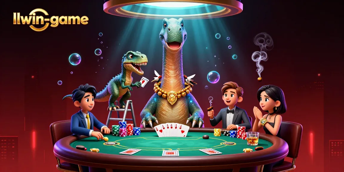 llwin-game showcases a vibrant poker scene featuring a towering brontosaurus and a clever raptor dealer.