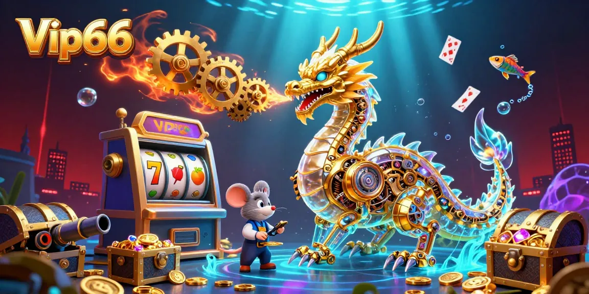 Engage with thrilling slots at Vip66 featuring a golden dragon, shimmering treasures, and vibrant casino elements.