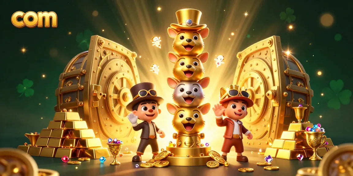 Spin and win at com with vibrant golden totem and dazzling gems in a lively casino setting.