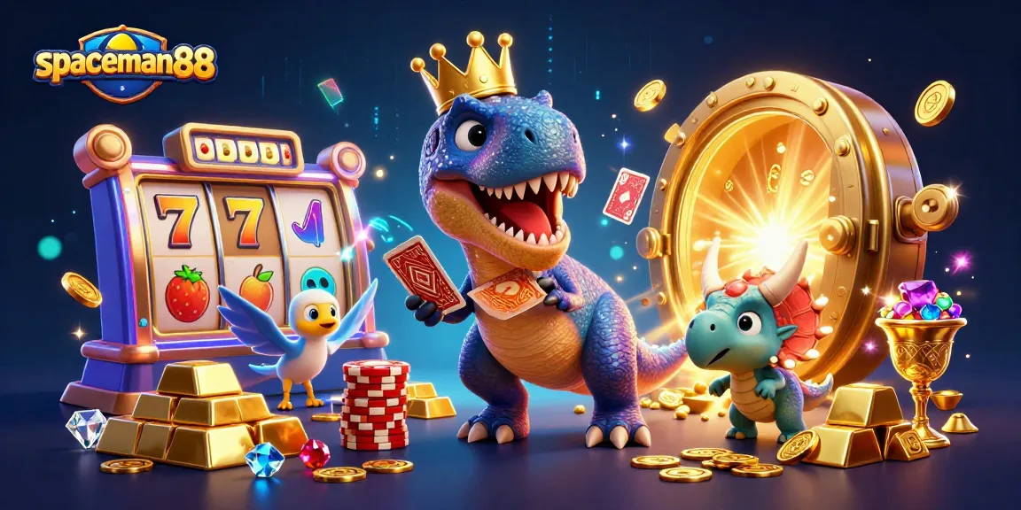 Engage with spaceman88 as a T-Rex shuffles cards while a pterodactyl assists and a triceratops stacks chips, surrounded by slot elements.