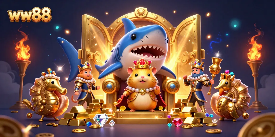 Experience a thrilling play at ww88 with a grand 3D casino scene featuring a king hamster and treasure.