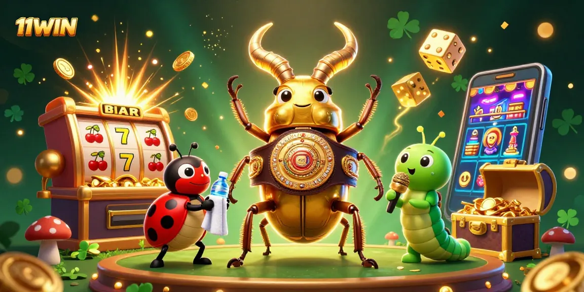 Experience thrills with 11WIN as a golden stag beetle and friends celebrate casino wins!