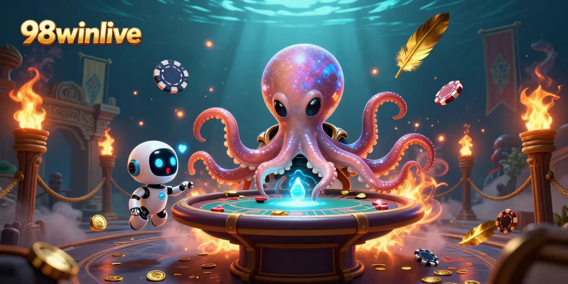 Experience thrilling gaming action with 98winlive as the octopus deals cards at a vibrant cosmic poker table.